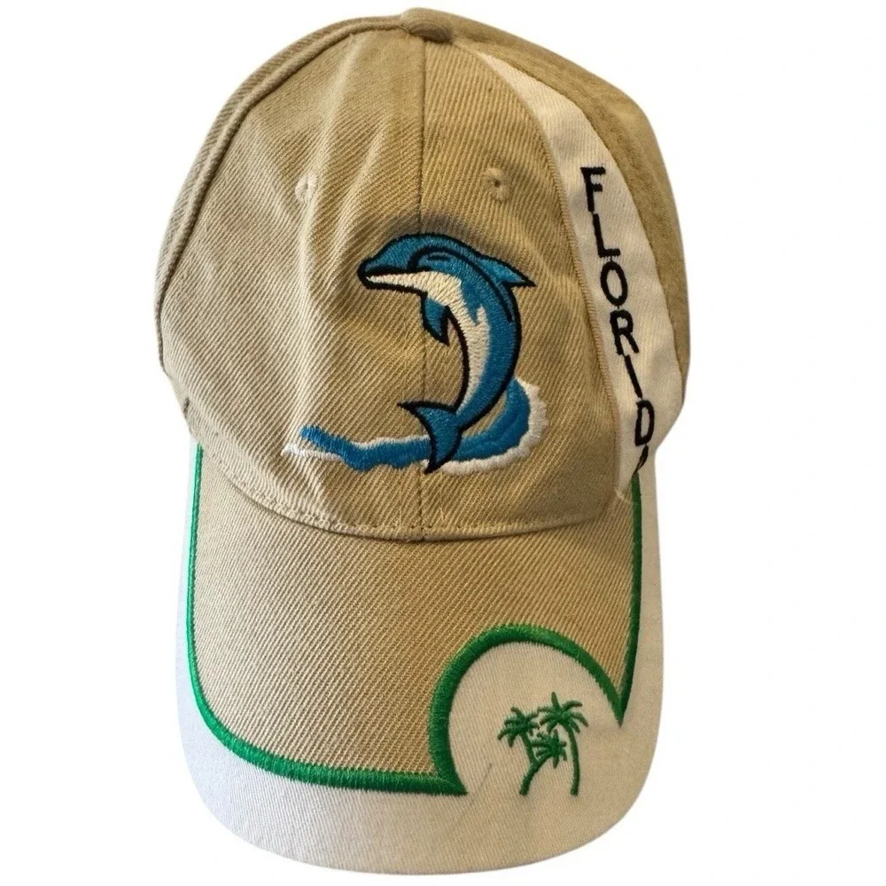 Florida Souvenir Hat Khaki Tan Blue Dolphin Palm Tree Beach Baseball Cap Mens
